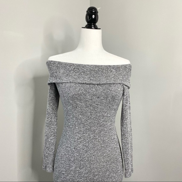 Off-the-Shoulder Soft Grey Ribbed Midi Dress S - Picture 2 of 8